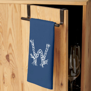 Nautical rope knots blue white custom monogram tea towel