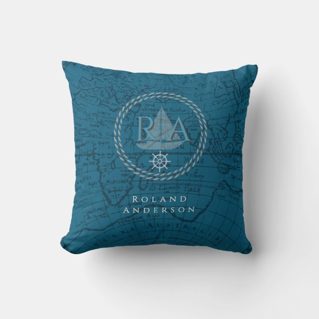 Nautical Rope Monogram Map Blue Cushion (Front)