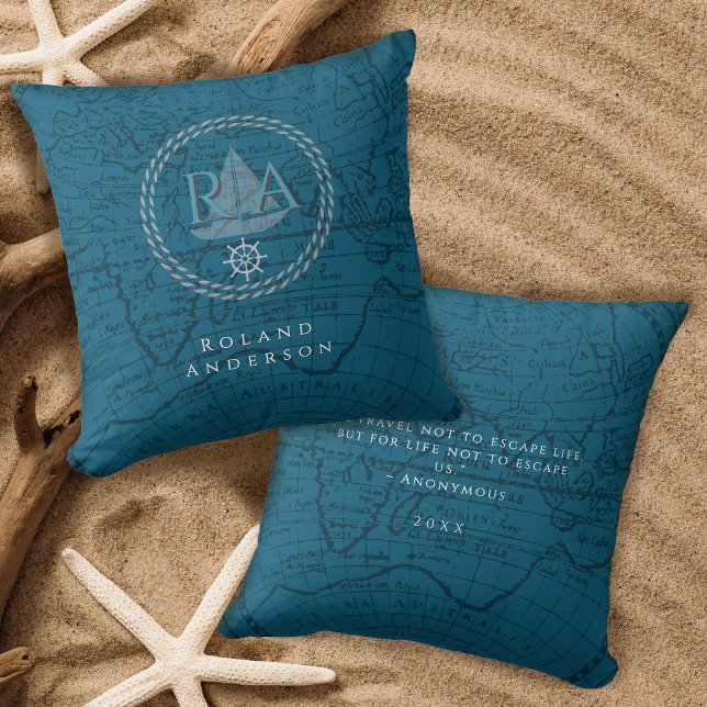 Nautical Rope Monogram Map Blue Cushion (Nautical Rope Monogram Map Blue Throw Pillow)