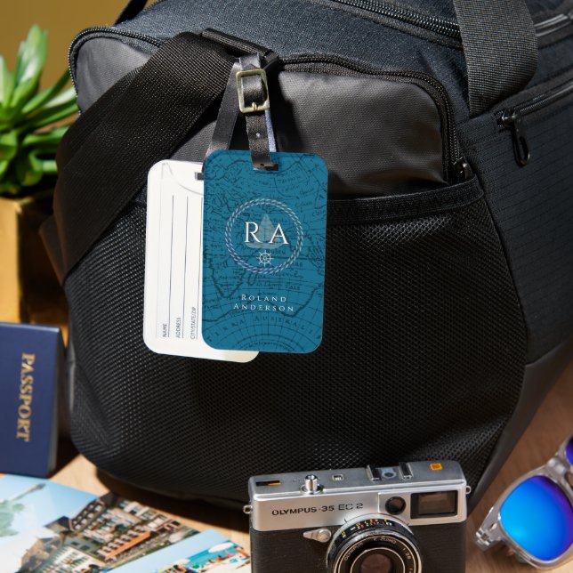 Nautical Rope Monogram Map Blue Luggage Tag (Front & Back)