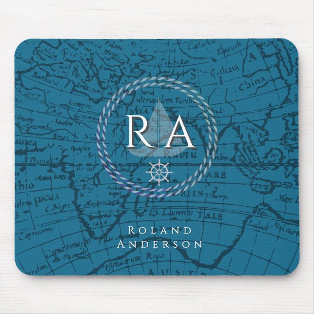 Nautical Rope Monogram Map Blue Mouse Pad (Front)