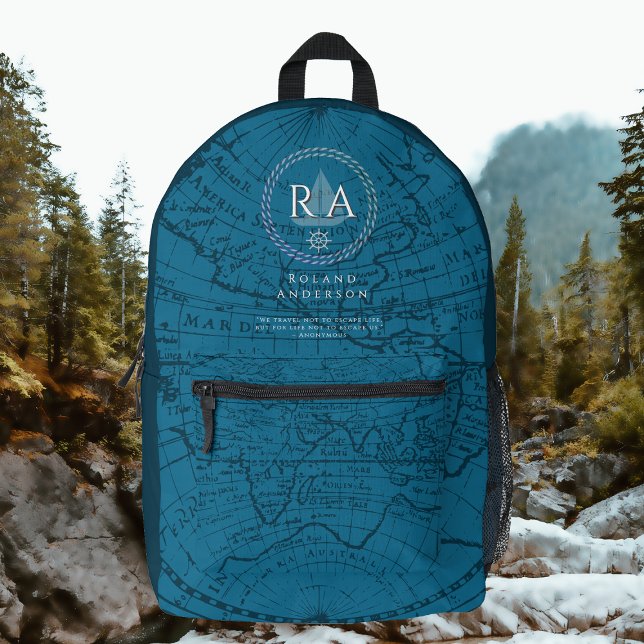 Nautical Rope Monogram Map Blue Printed Backpack (Nautical Map Monogram Traveller Blue Backpack.)