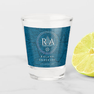 Nautical Rope Monogram Map Blue Shot glass