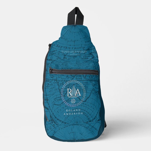 Nautical Rope Monogram Map Blue Sling Bag (Front)