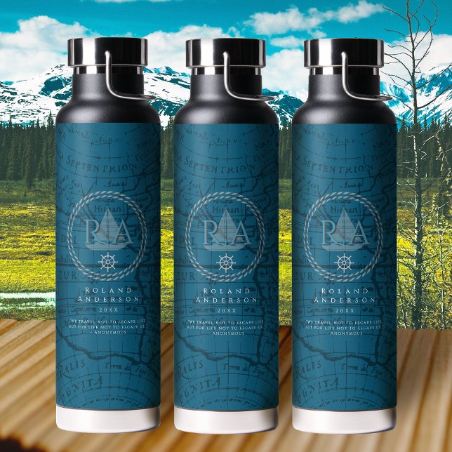 Nautical Rope Monogram Map Blue Water Bottle (Nautical Rope Monogram Map Blue Water Bottle)