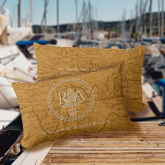 Nautical Rope Monogram Map Brown Lumbar Cushion (Nautical Map Monogram Traveller Brown Accent Pillow.)