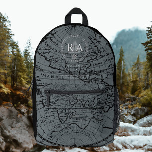 Nautical Rope Monogram Map Grey Black Printed Backpack