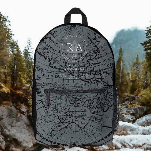 Nautical Rope Monogram Map Grey Black Printed Backpack (Nautical Map Monogram Traveller Grey Backpack.)