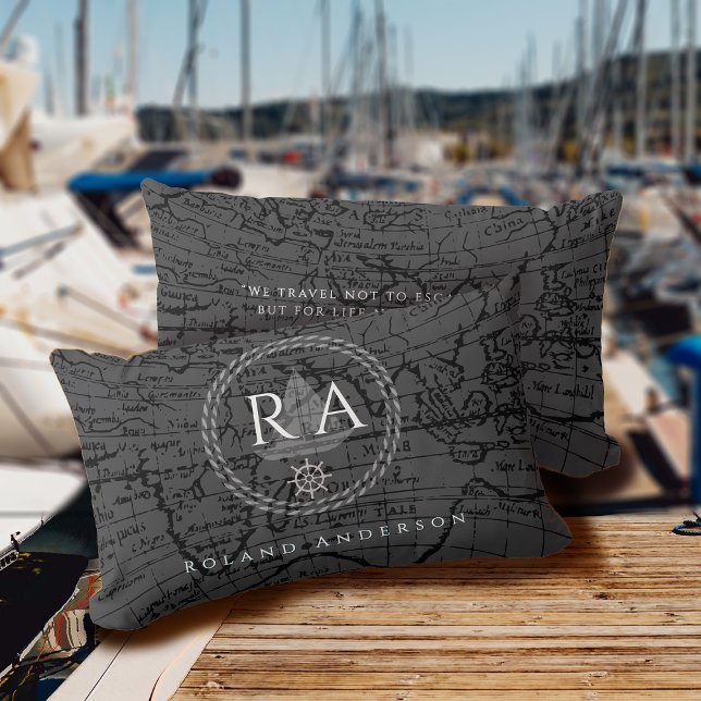 Nautical Rope Monogram Map Grey Lumbar Cushion (Nautical Map Traveller Monogram Dark Grey Accent Pillow .)