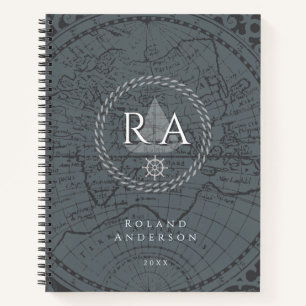 Nautical Rope Monogram Map Grey Notebook