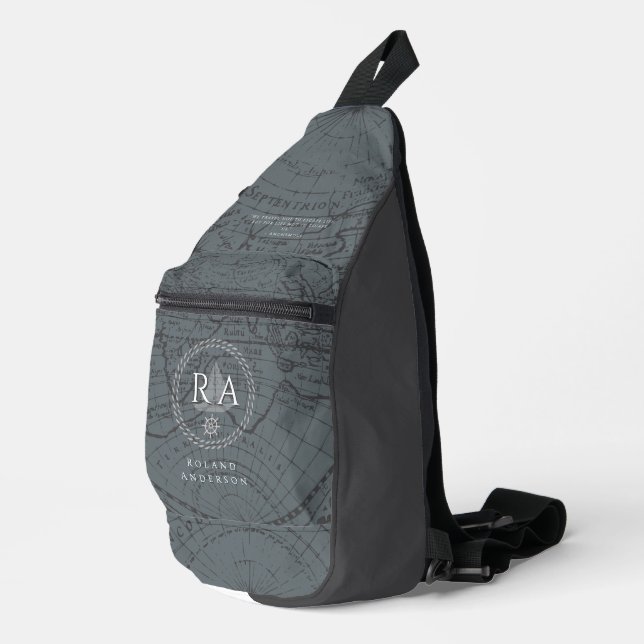 Nautical Rope Monogram Map Grey Sling Bag (Right Corner)