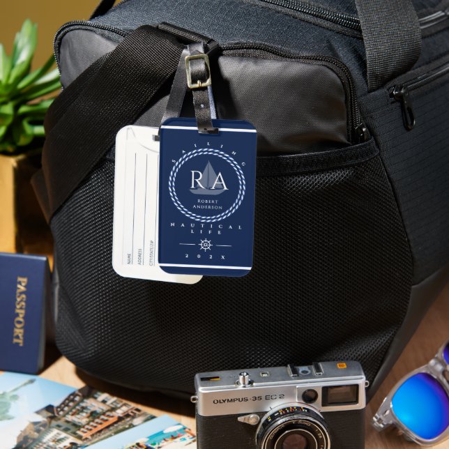 Nautical Rope Monogram Navy Luggage Tag (Front & Back)