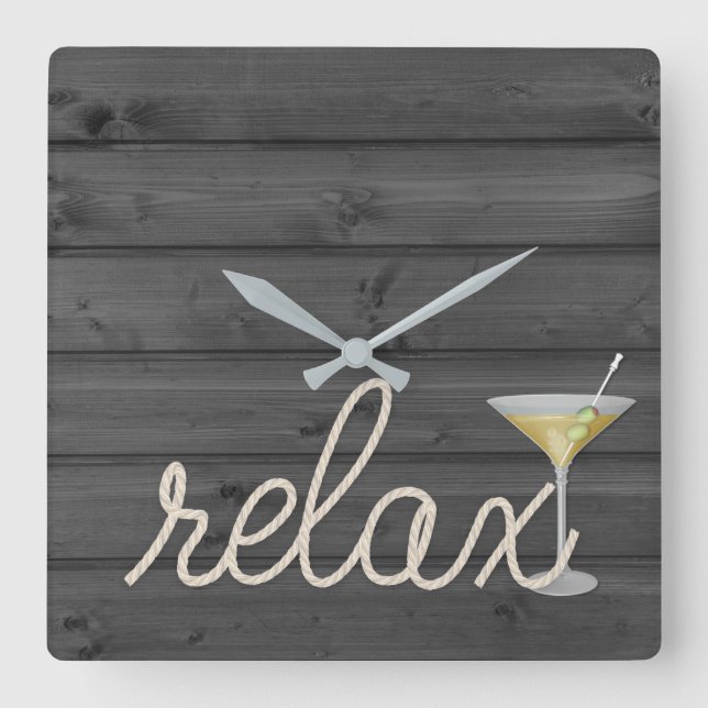 nautical rope on wood with martini and relax text square wall clock (Front)