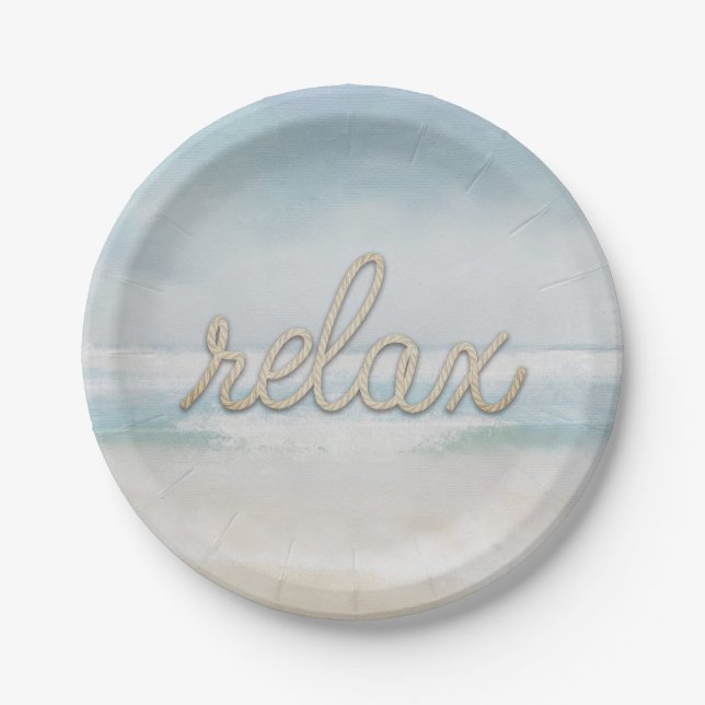 Nautical Rope Relax Text on Ocean Paper Plate (Front)