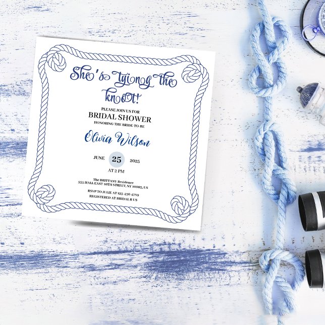 Nautical Rope she’s Tying the Knot  Bridal Shower  Invitation (nautical bridal shower invitations anchor summer beach rope ocean wedding beach theme simple minimal)