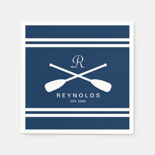 Nautical rowing oars navy blue and white wedding napkin (Front)