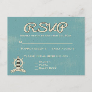 Nautical RSVP Blue Teal Lighthouse & Ship Wheel Invitation Postcard