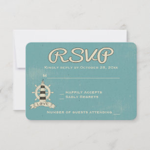 Nautical RSVP Blue Turquoise Lighthouse Ship Wheel Card