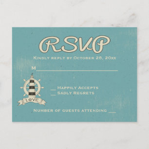Nautical RSVP Blue Turquoise Lighthouse Ship Wheel Invitation Postcard