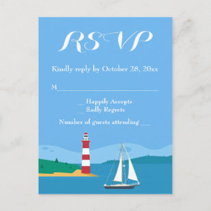 Nautical RSVP Lighthouse Sailboat Blue Ocean Beach Invitation Postcard