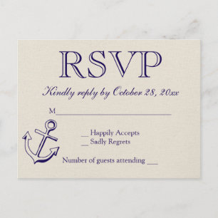 Nautical RSVP Navy Blue Anchor Tan Wedding Party Invitation Postcard