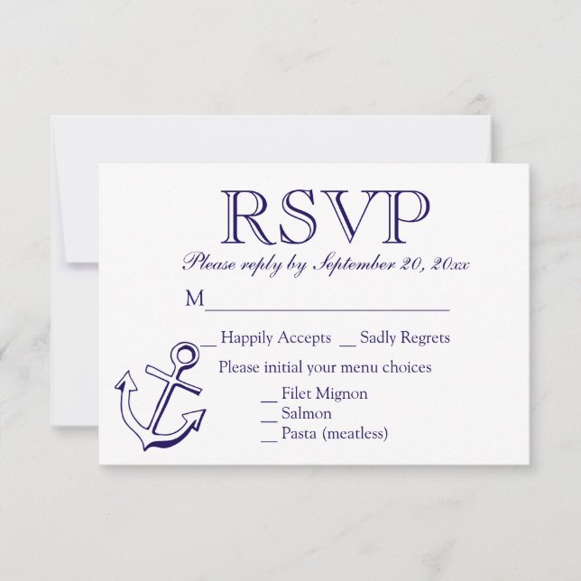 Nautical RSVP Navy Blue Anchor Wedding Party Card (Front)
