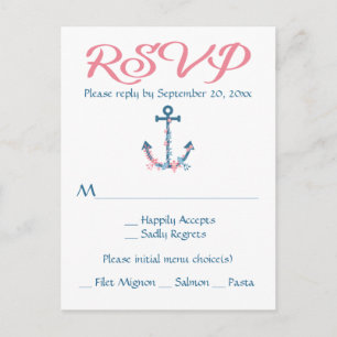 Nautical RSVP Ship Anchor Pink & Blue Floral Invitation Postcard