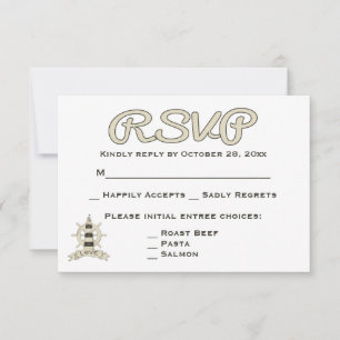 Nautical RSVP Tan Lighthouse & Ship Wheel Wedding Card