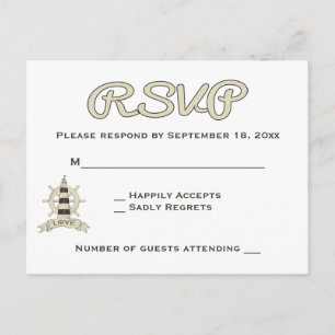 Nautical RSVP Tan Lighthouse & Ship Wheel Wedding Invitation Postcard