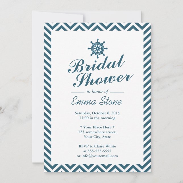Nautical Rudder Blue Chevron Stripes Bridal Shower Invitation (Front)