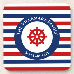 Nautical Rudder Navy Blue Red White Stripes Coaster