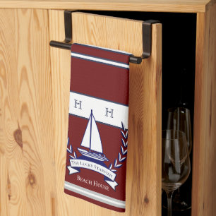 Nautical Rust Red Navy Blue Sailboat Monogram Name Tea Towel