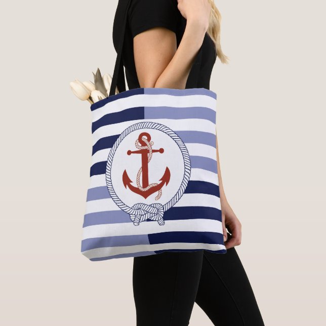 Nautical rust red ship anchor, navy blue stripe tote bag (Close Up)