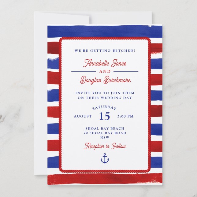 Nautical Rustic Red Blue Stripe Watercolor Wedding Invitation (Front)