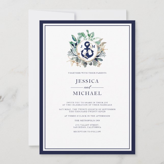 Nautical Rustic Watercolor Navy Anchor Wedding Invitation (Front)