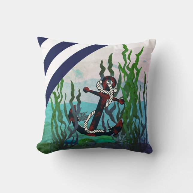 Nautical rusty black anchor/under seaweed/shells cushion (Front)
