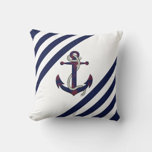 Nautical rusty blue anchor/rope/blue/white stripe cushion