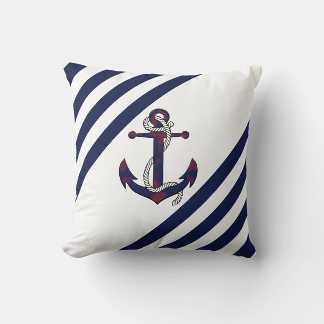 Nautical rusty blue anchor/rope/blue/white stripe cushion (Front)