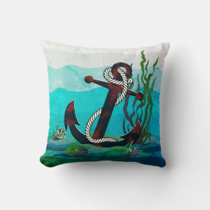 Nautical rusty grey anchor/sea/sea shells - aqua cushion