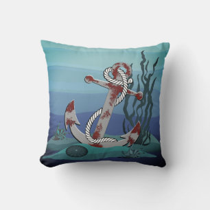 Nautical rusty grey anchor/sea/sea shells - navy cushion