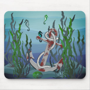 Nautical rusty grey anchor/seaweed/shells/seahorse mouse pad