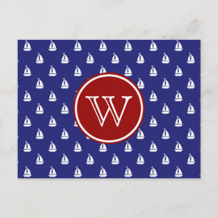 Nautical Sail Away on Blue With Red Monogram Postcard