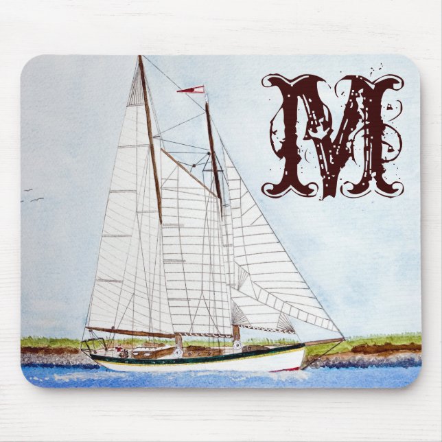 Nautical Sail Boat Sea Monogram Initial Mouse Pad (Front)