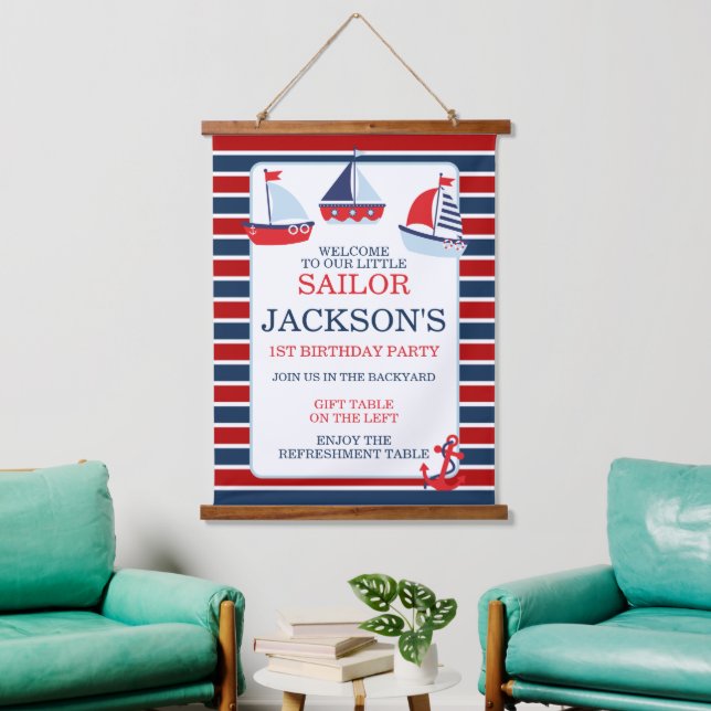 Nautical Sail Boats 1st Birthday Hanging Tapestry (Living Room)