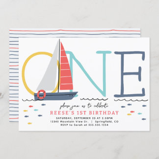 Nautical Sailboat 1st Birthday Invitation