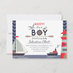 Nautical Sailboat Ahoy Baby Boy Birth Announcement