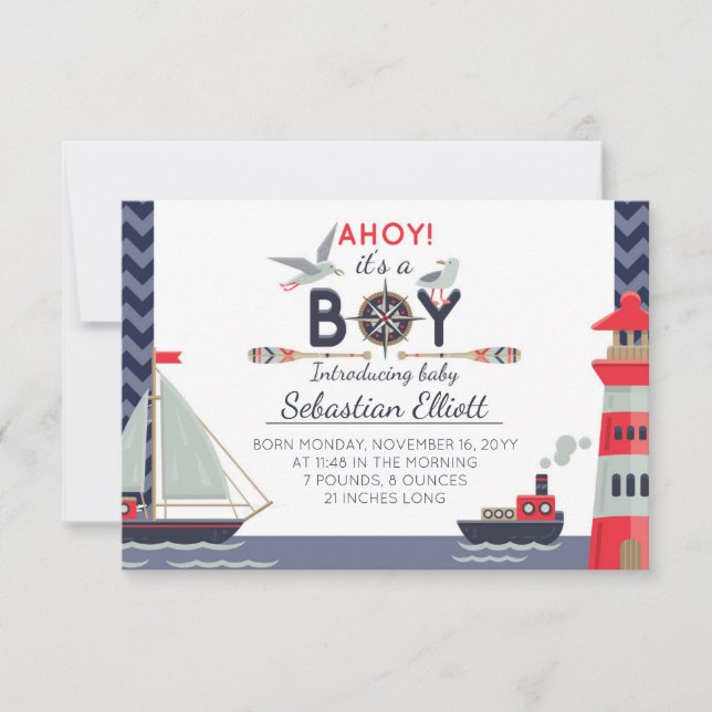 Nautical Sailboat Ahoy Baby Boy Birth Announcement (Front)