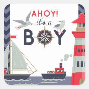 Nautical Sailboat Ahoy Baby Boy Shower Invitation Square Sticker