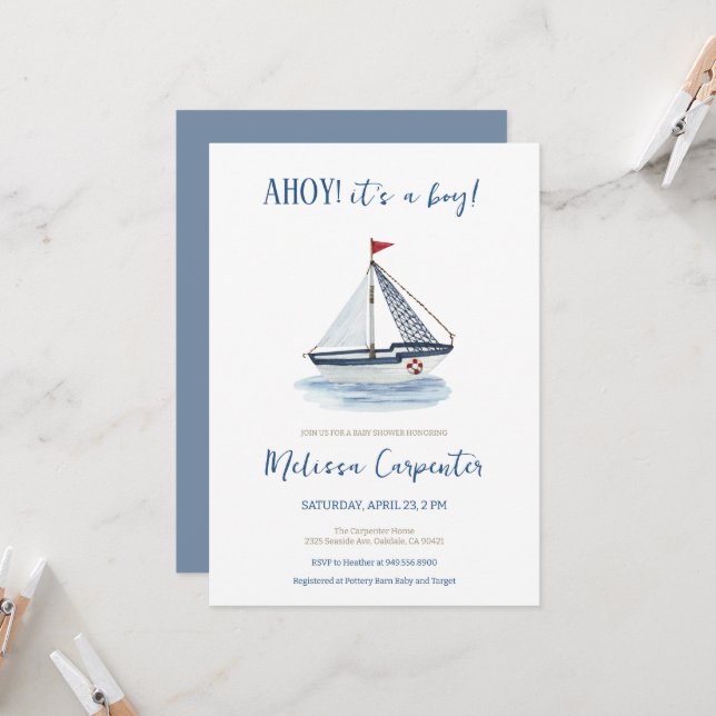 Nautical Sailboat Ahoy it's a Boy Baby shower Invitation (Front/Back In Situ)
