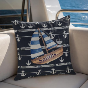 Nautical Sailboat & Anchor Navy Blue Cushion